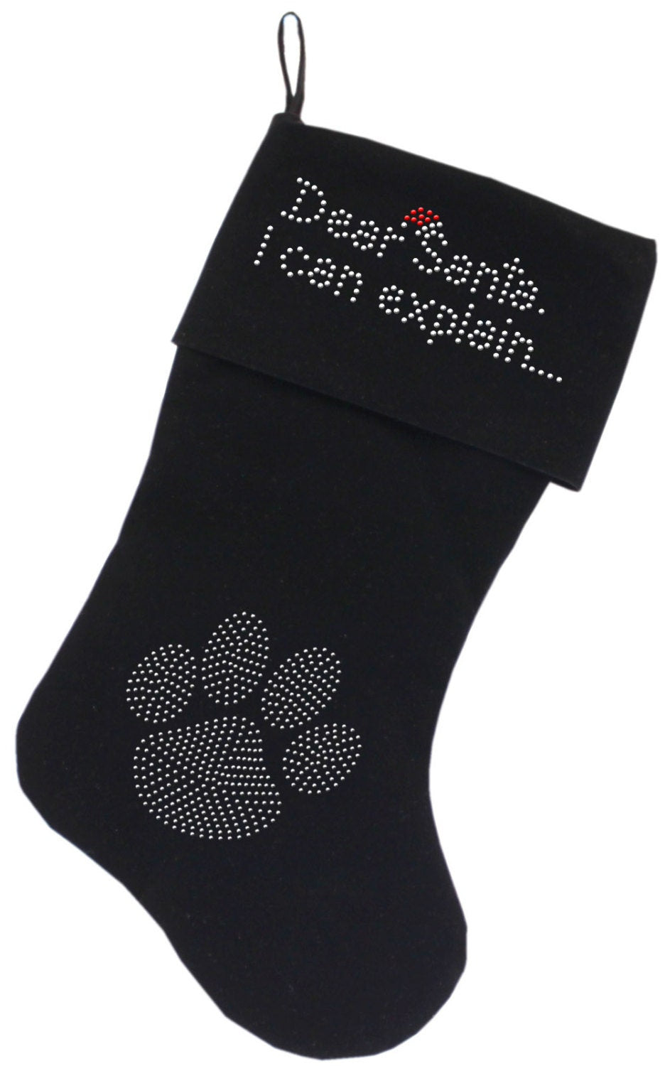 Luxurious 18-inch Christmas stocking made of soft velvet with rhinestone embellishments, featuring the phrase 'Dear Santa, I Can Explain'.