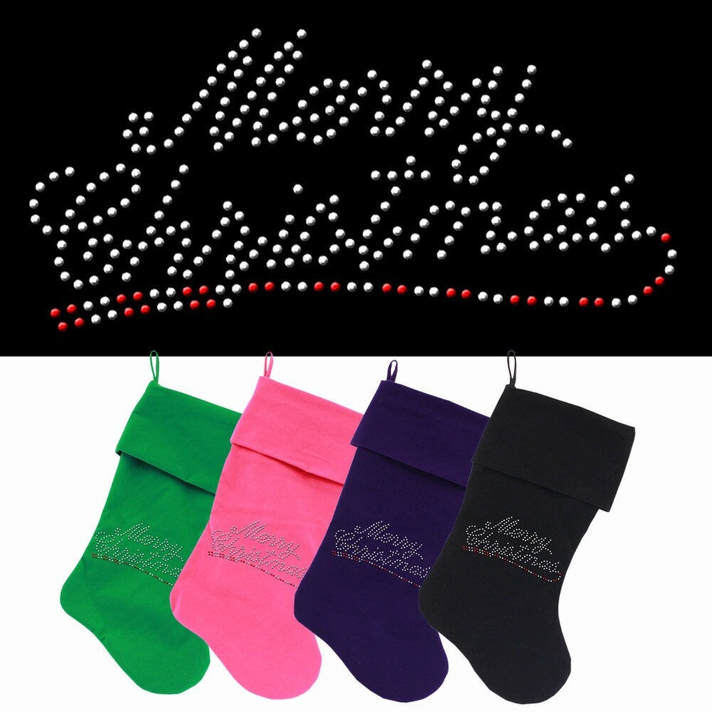 A luxurious 18-inch Christmas stocking made of soft velvet, featuring a sparkling rhinestone design that reads 'Merry Christmas'.