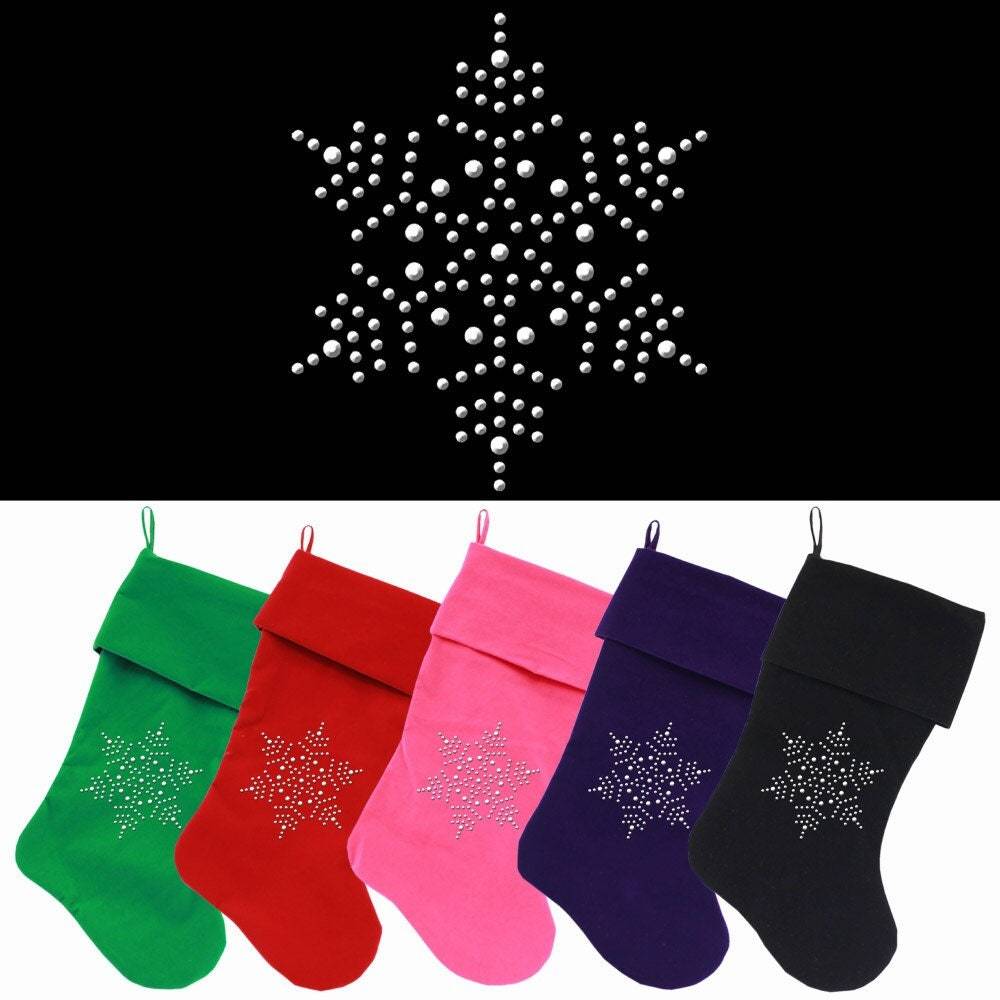 Elegant Christmas stocking featuring a rhinestone snowflake design, made from soft velvet, perfect for holiday decor.