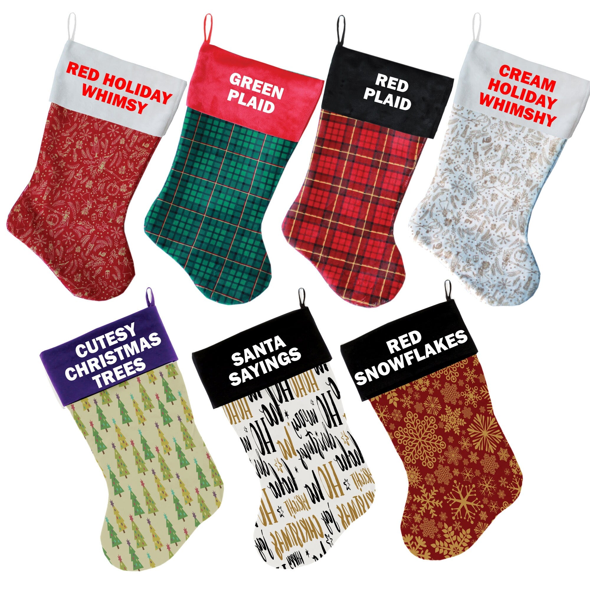 A collection of Christmas Velvet Stockings featuring whimsical patterns, showcasing their luxurious texture and vibrant colors, perfect for holiday decor.
