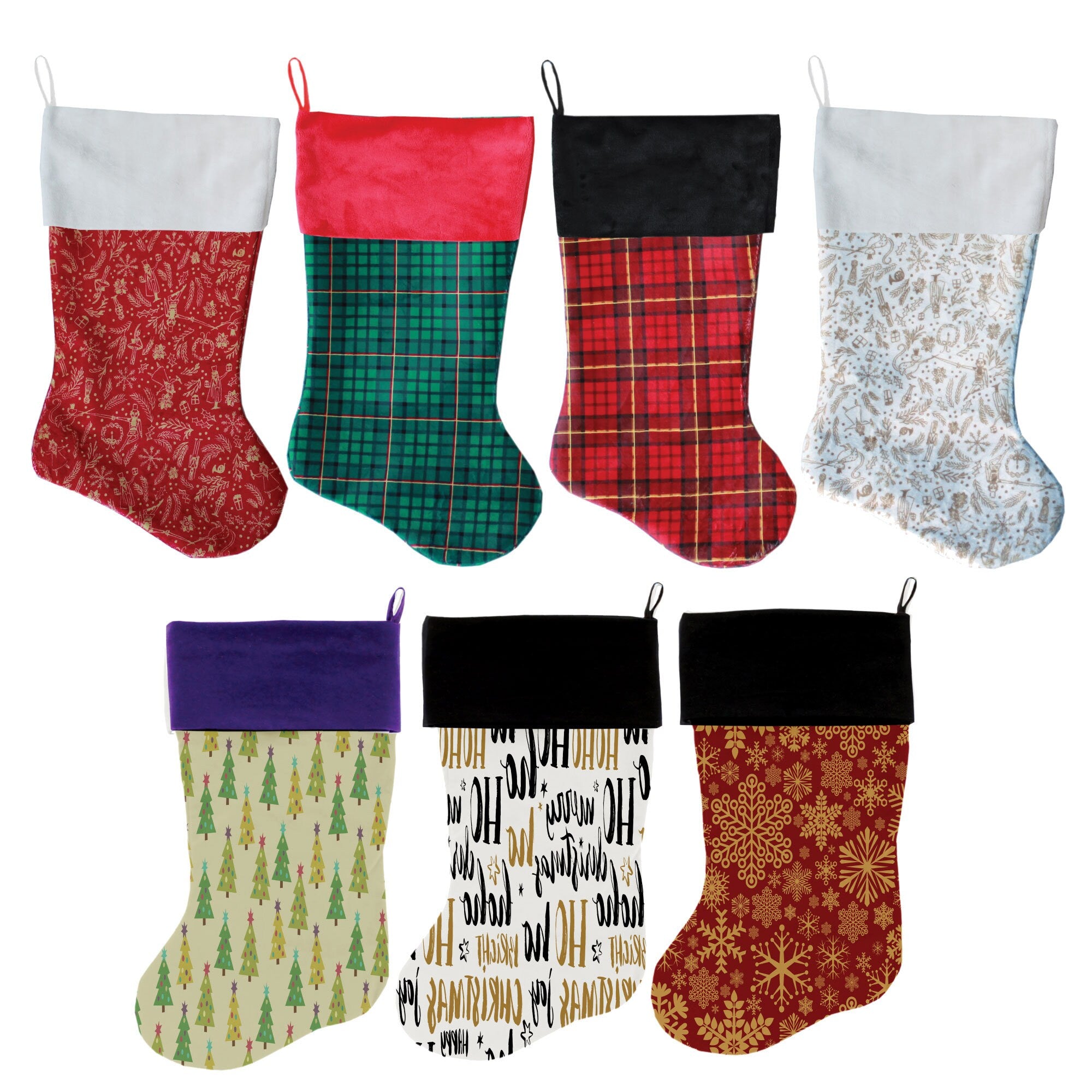 A collection of Christmas Velvet Stockings featuring whimsical patterns, showcasing their luxurious texture and vibrant colors, perfect for holiday decor.