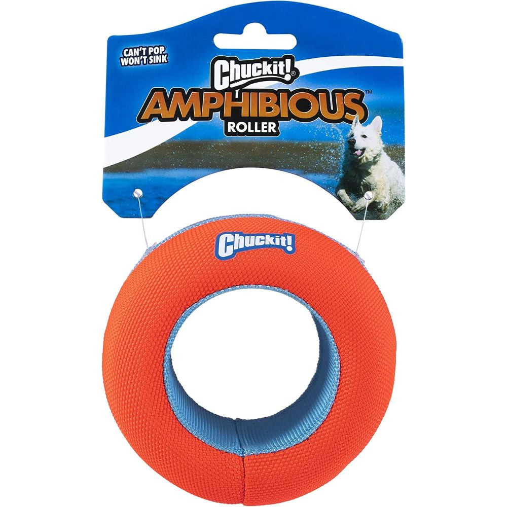 Chuckit! Amphibious Roller Dog Toy in bright orange, designed for water and land play, featuring a lightweight foam core.