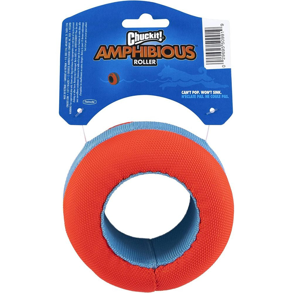 Chuckit! Amphibious Roller Dog Toy in bright orange, designed for water and land play, featuring a lightweight foam core.