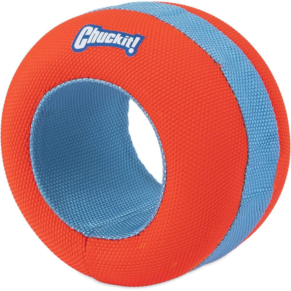 Chuckit! Amphibious Roller Dog Toy in bright orange, designed for water and land play, featuring a lightweight foam core.
