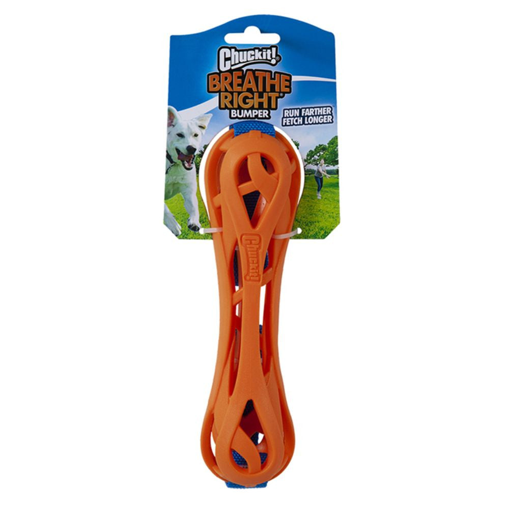 Chuckit! Breathe Right Bumper Dog Toy in bright orange color, featuring durable nylon straps and a hollow design for airflow.