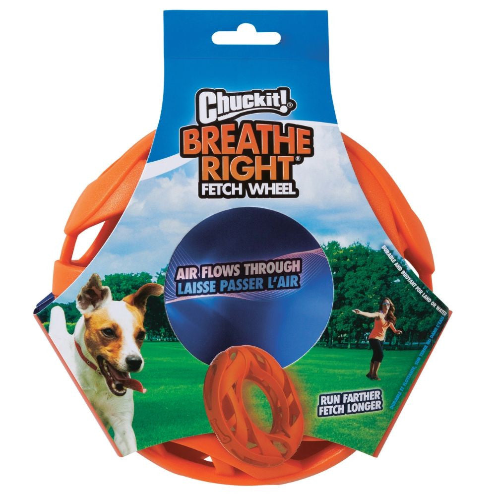 Chuckit! Breathe Right Fetch Wheel Dog Toy in bright orange, designed for healthy airflow and durable play, perfect for fetch games.