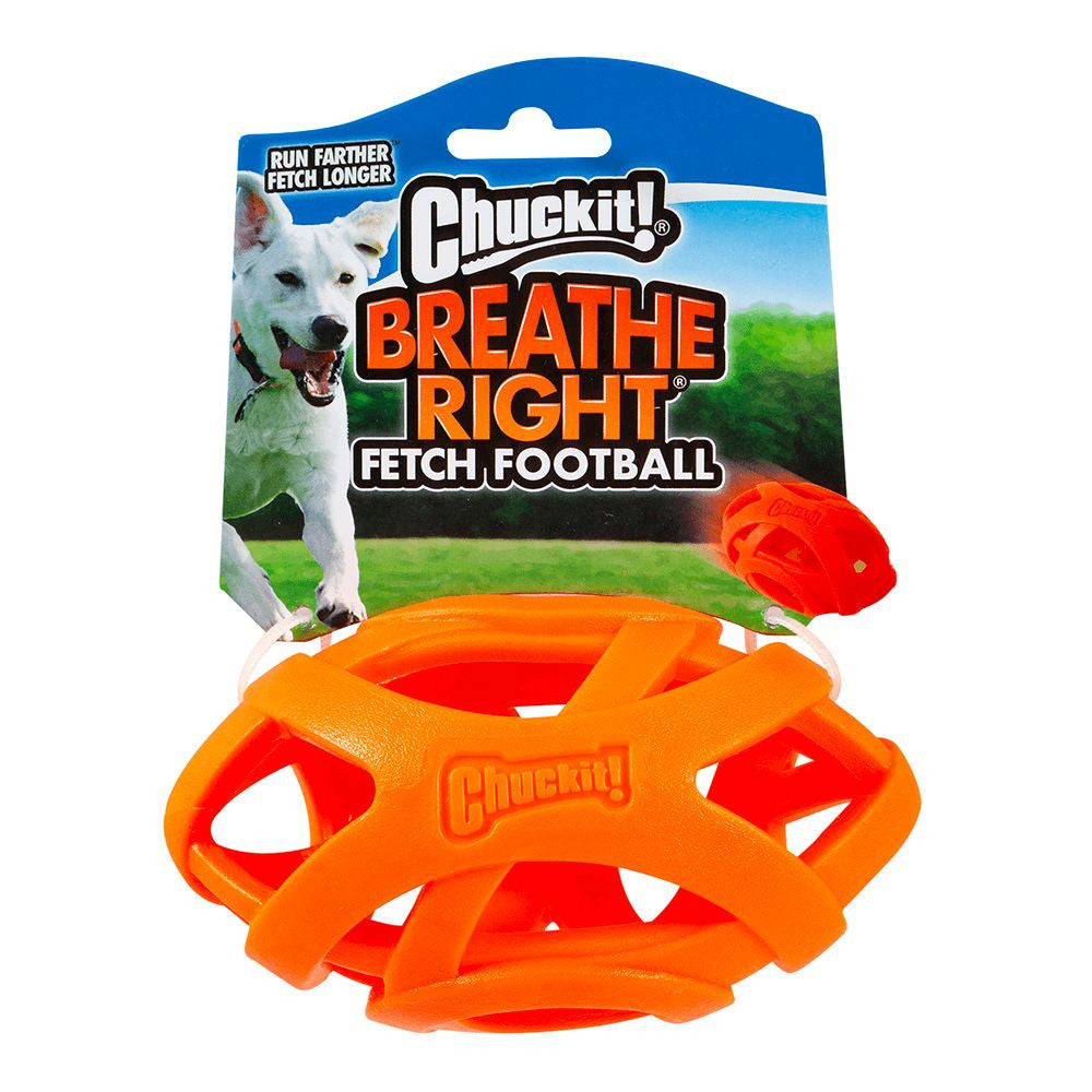 Chuckit! Breathe Right Football Dog Toy in bright orange, designed for easy visibility and healthy airflow during play.
