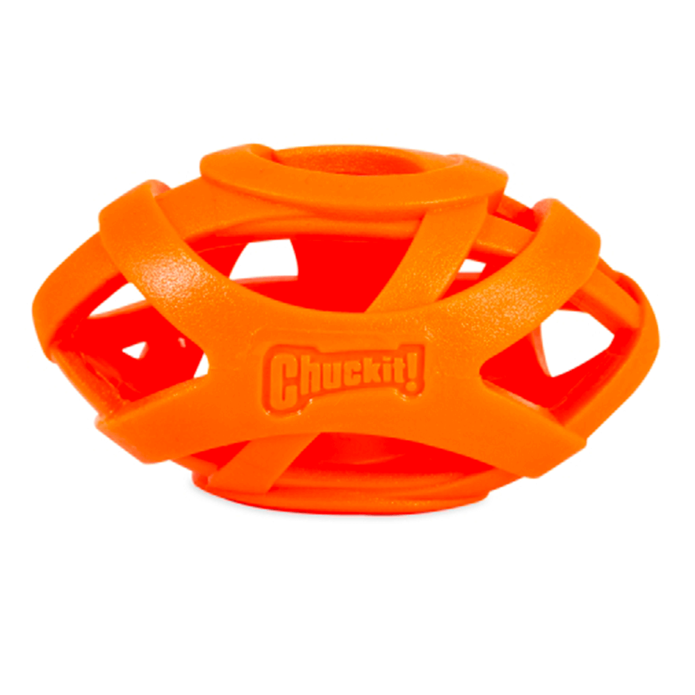 Chuckit! Breathe Right Football Dog Toy in bright orange, designed for easy visibility and healthy airflow during play.