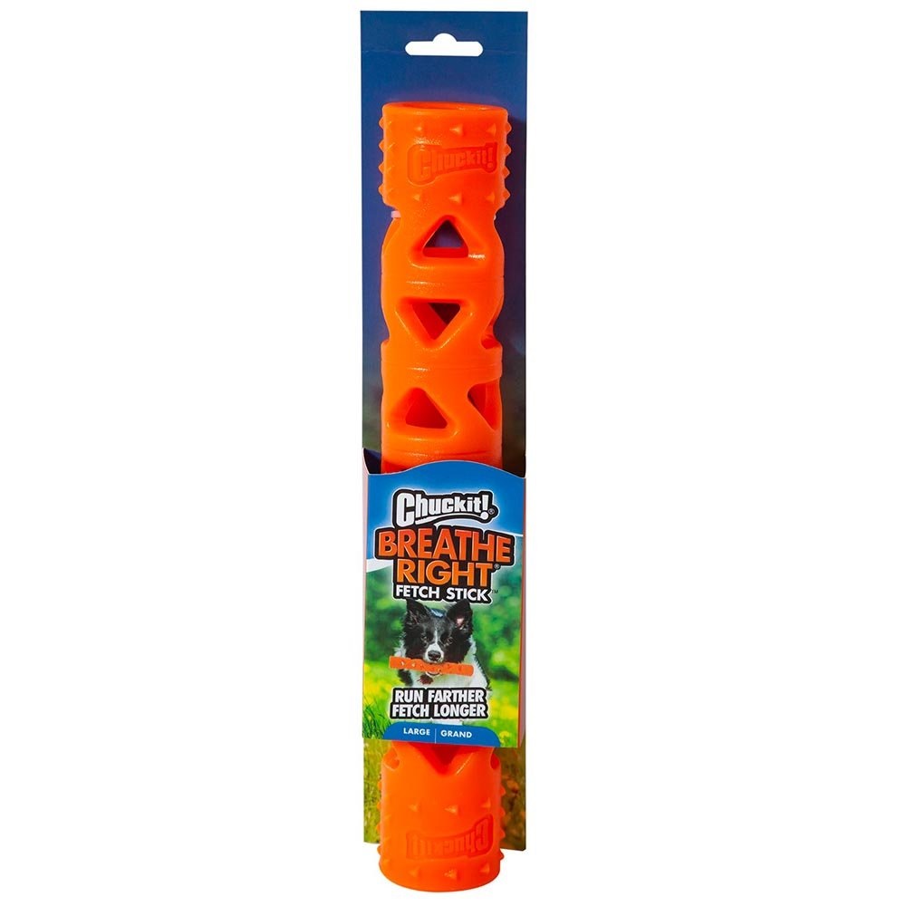 Chuckit Breathe Right Stick in vibrant colors, designed for dogs to fetch and improve airflow while carrying.