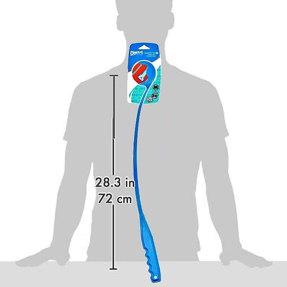 A colorful Chuckit Classic Ball Launcher Dog Toy with a ball, designed for long-distance fetching.