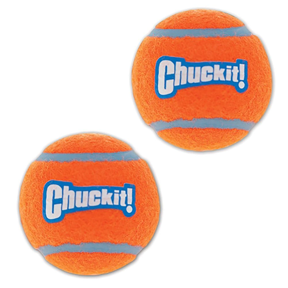 Two extra-large Chuckit! tennis balls for dogs, featuring bright colors and a durable rubber core, ideal for fetch and water play.