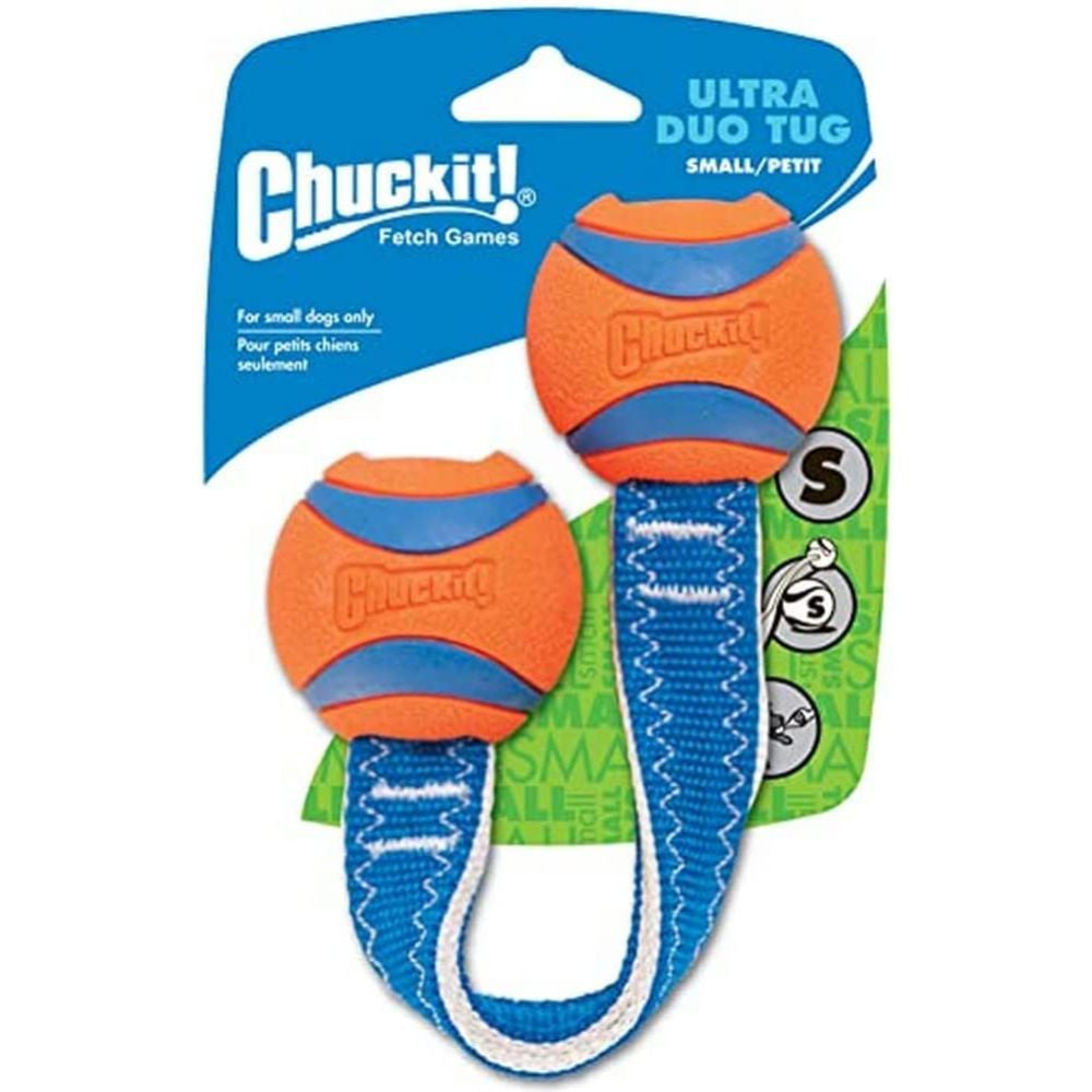 Chuckit! Ultra Duo Tug Dog Toy Small featuring a durable nylon cord handle and tennis ball ends, designed for interactive play and high visibility.