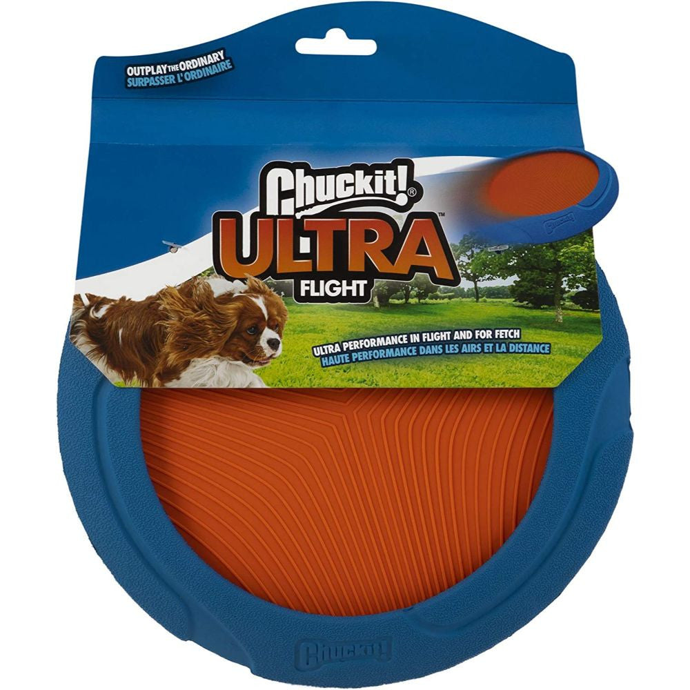 Chuckit! Ultra Flight Fetch Toy for Dogs, featuring a bright color design and durable rubber edge, perfect for outdoor fetch games.