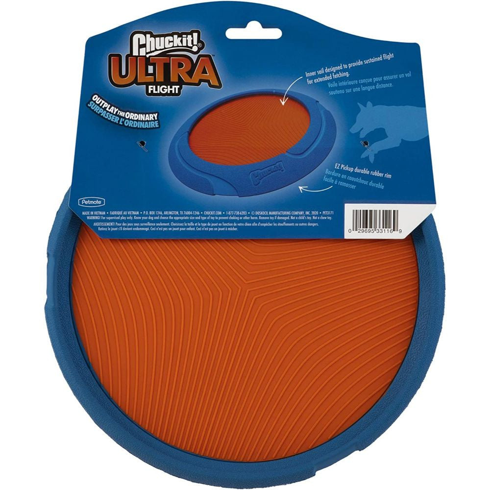Chuckit! Ultra Flight Fetch Toy for Dogs, featuring a bright color design and durable rubber edge, perfect for outdoor fetch games.