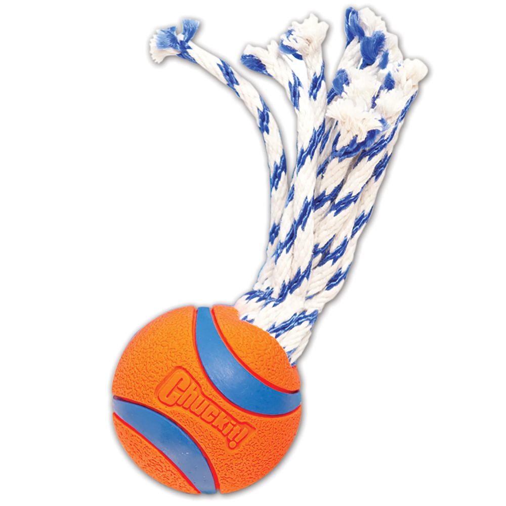 Chuckit! Ultra Toss Dog Toy featuring a bright ball attached to a durable cotton rope, designed for fetch and tugging games.