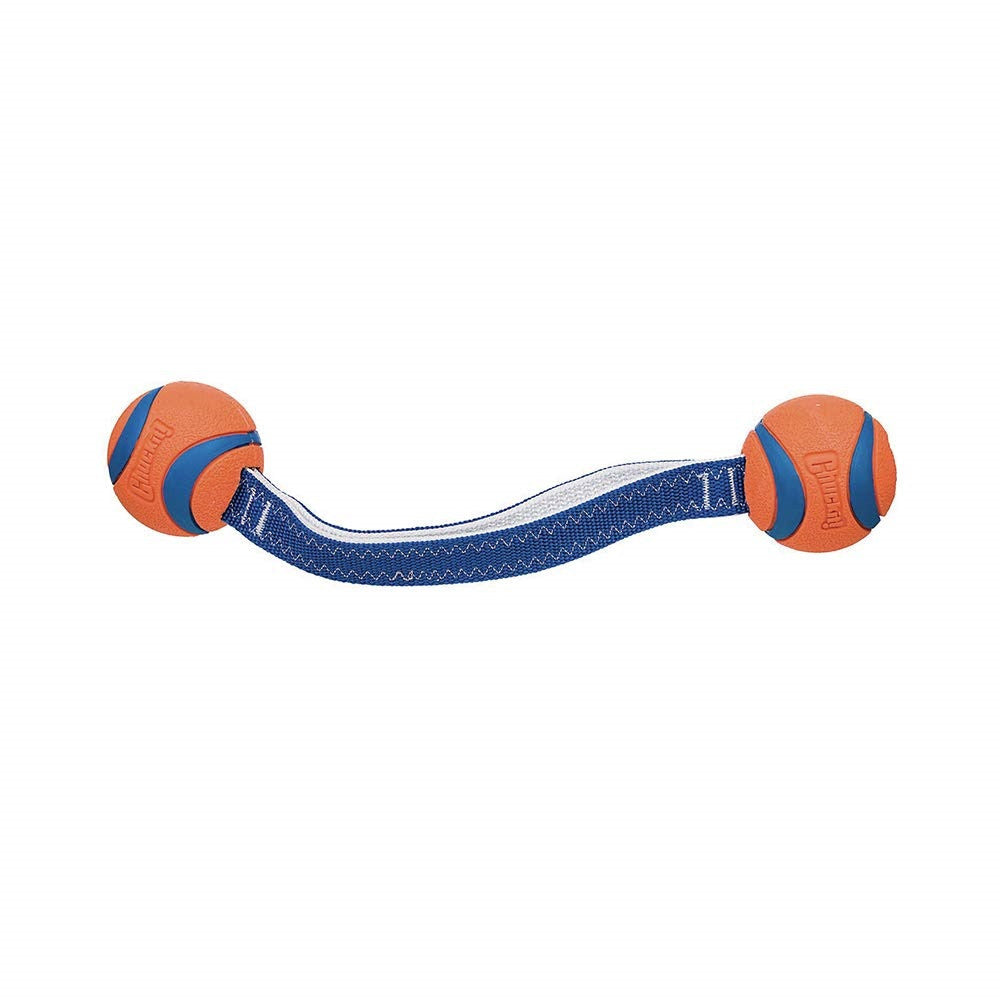 Chuckit! Ultra Tug Dog Toy featuring a durable rubber ball attached to a nylon handle, designed for tug-of-war and fetch games.