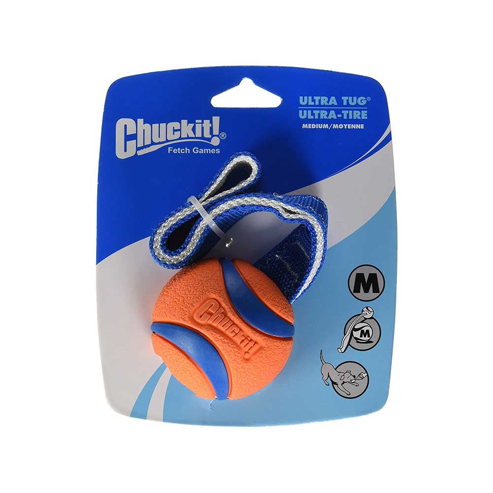 Chuckit! Ultra Tug Dog Toy featuring a durable rubber ball attached to a nylon handle, designed for tug-of-war and fetch games.