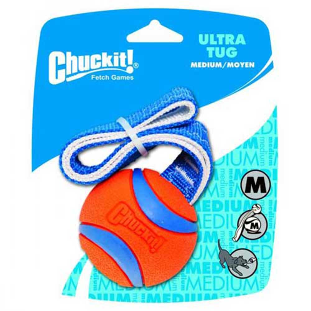 Chuckit! Ultra Tug Dog Toy featuring a durable rubber ball attached to a nylon handle, designed for tug-of-war and fetch games.