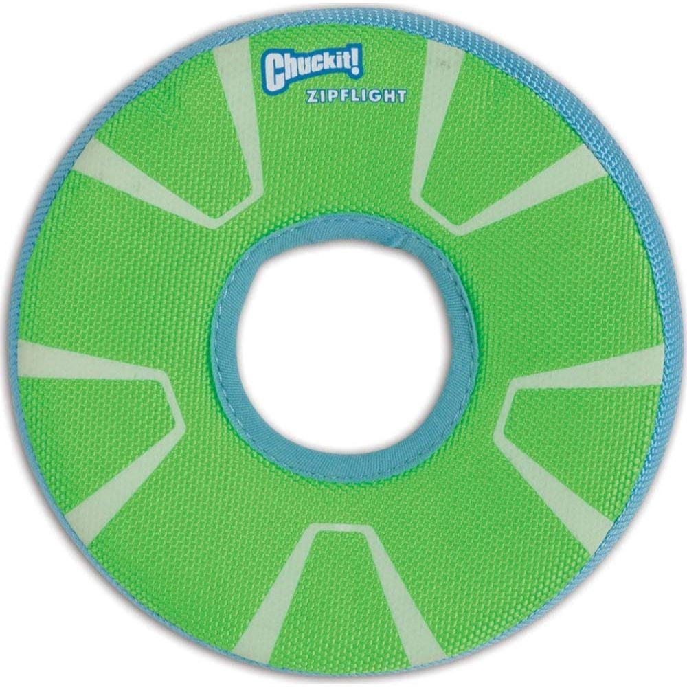 Chuckit! Zipflight Max Glow Dog Toy glowing in the dark, showcasing its bright colors and durable design.