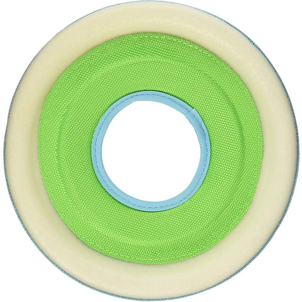 Chuckit! Zipflight Max Glow Dog Toy glowing in the dark, showcasing its bright colors and durable design.