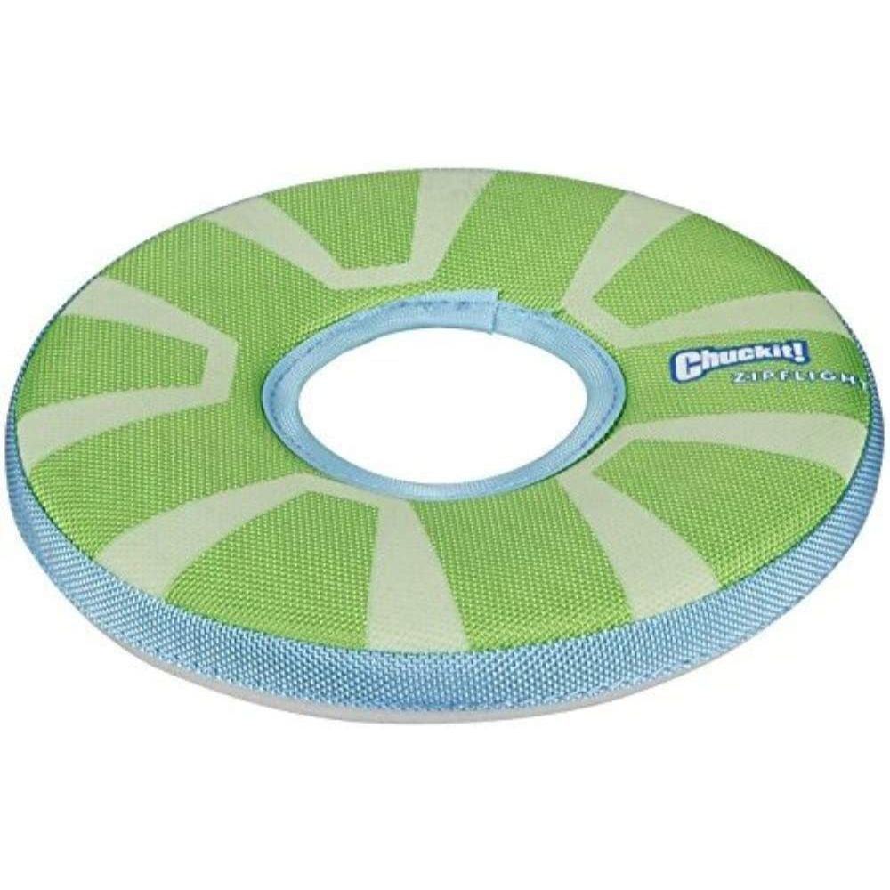 Chuckit! Zipflight Max Glow Dog Toy glowing in the dark, showcasing its bright colors and durable design.