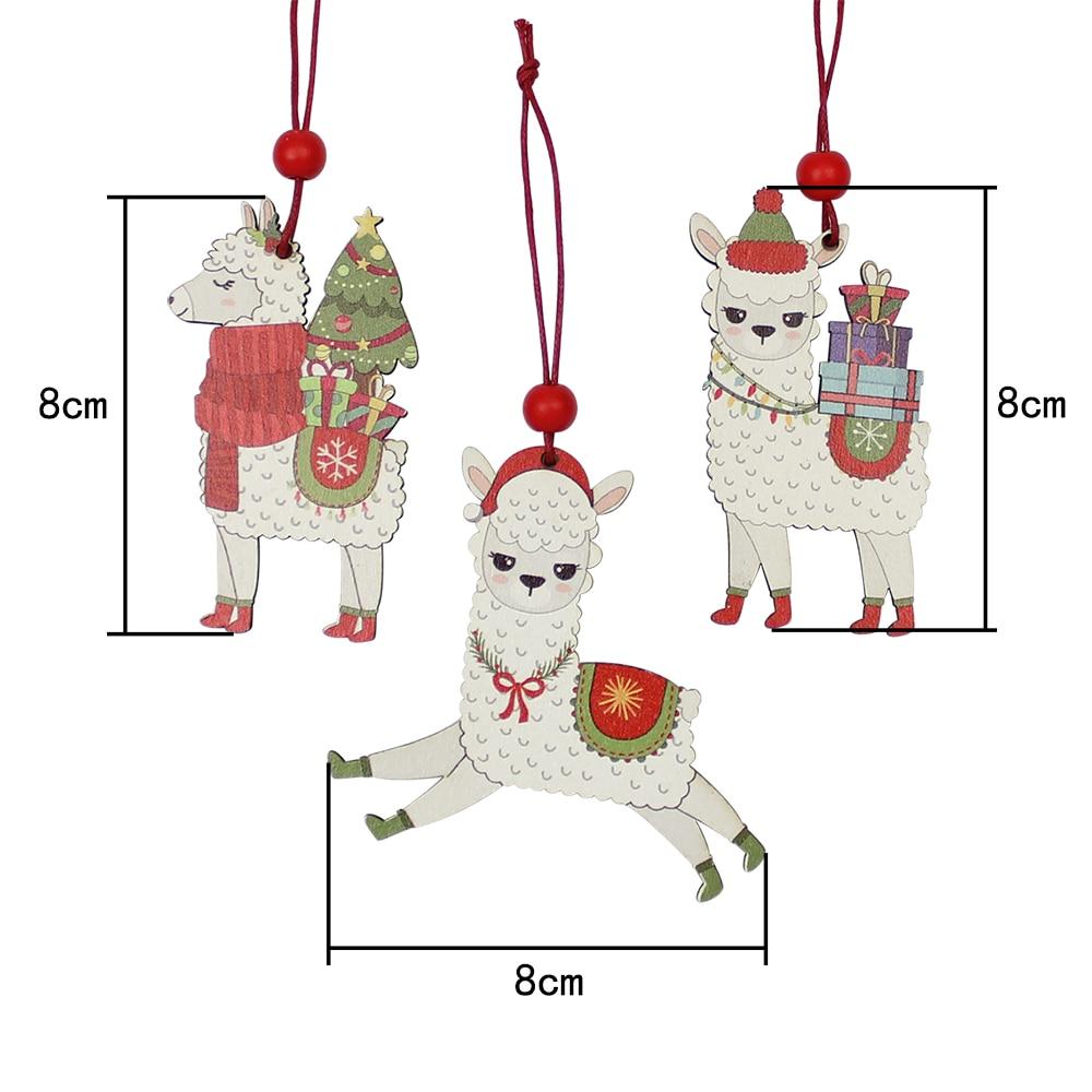 A set of three painted wooden alpaca Christmas ornaments, featuring vibrant colors and red hanging strings, perfect for holiday decorations.