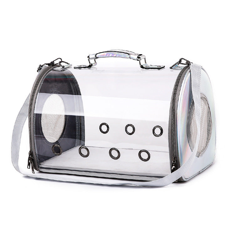 Clear Cat Carrier handbag 'Catpack' designed for pet travel, featuring transparent design and ventilation holes for comfort.