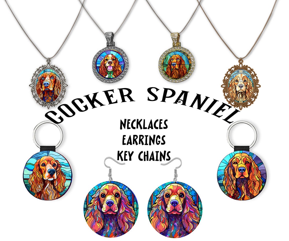 Stained glass style jewelry featuring Cocker Spaniel designs in silver and gold, including necklaces and earrings.