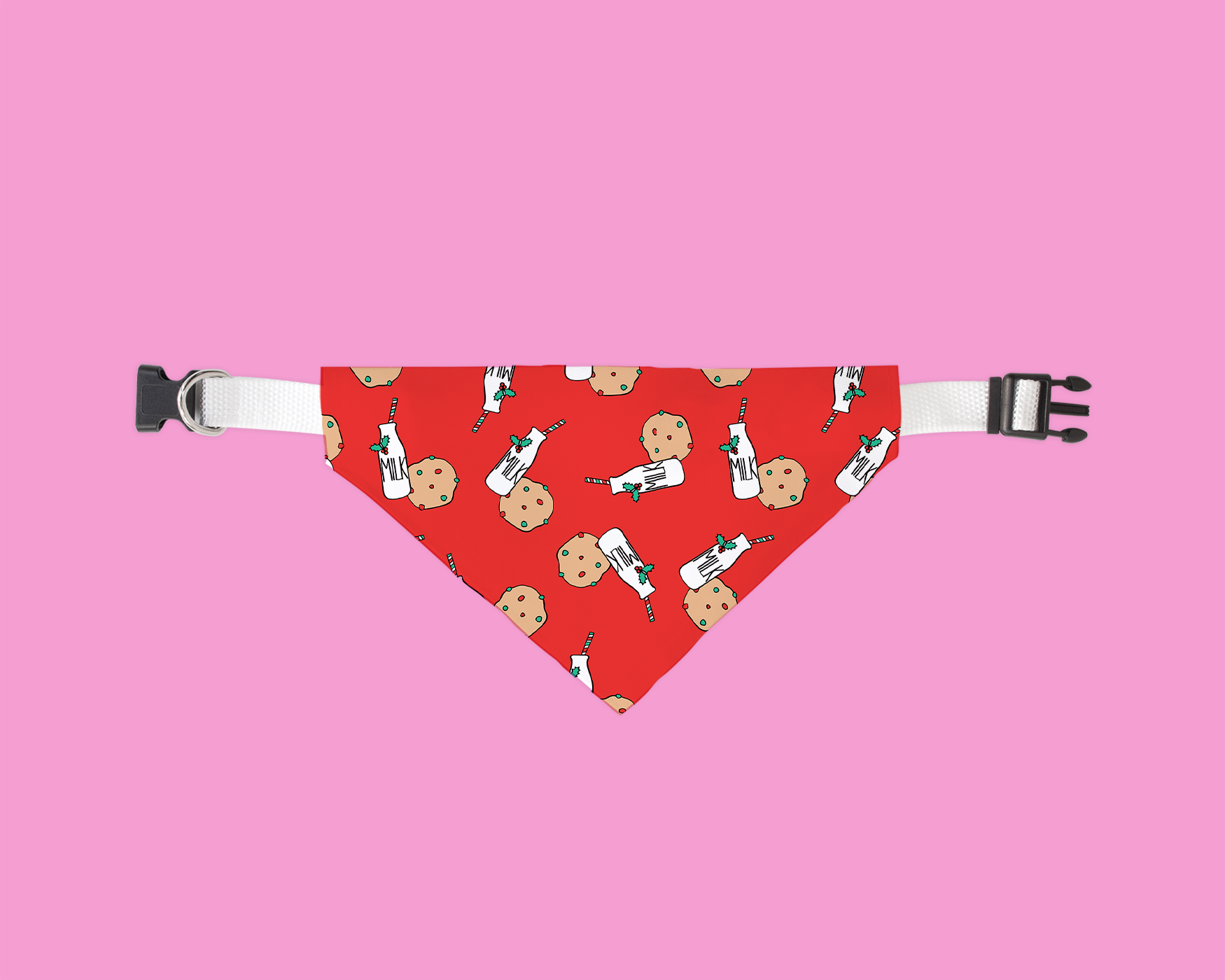 A vibrant red bandana featuring a cute cookies and milk pattern, designed for pets, showcasing its soft fabric and festive design.