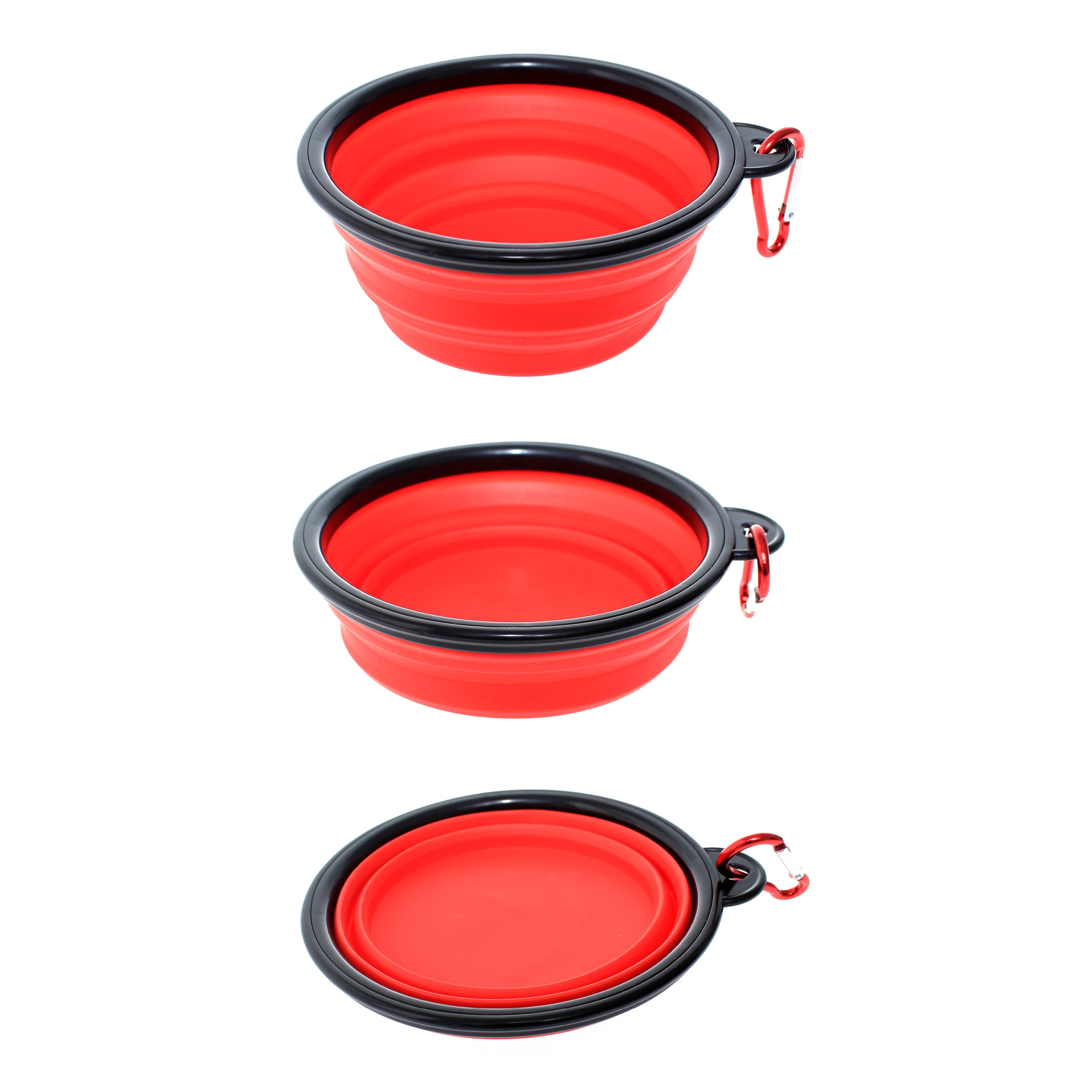 Collapsible Silicone Bowl for Dogs in vibrant colors, lightweight and portable with a carabiner attached.