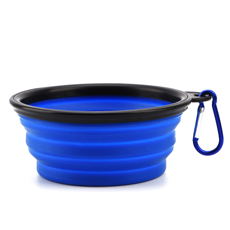 Collapsible Silicone Bowl for Dogs in vibrant colors, lightweight and portable with a carabiner attached.