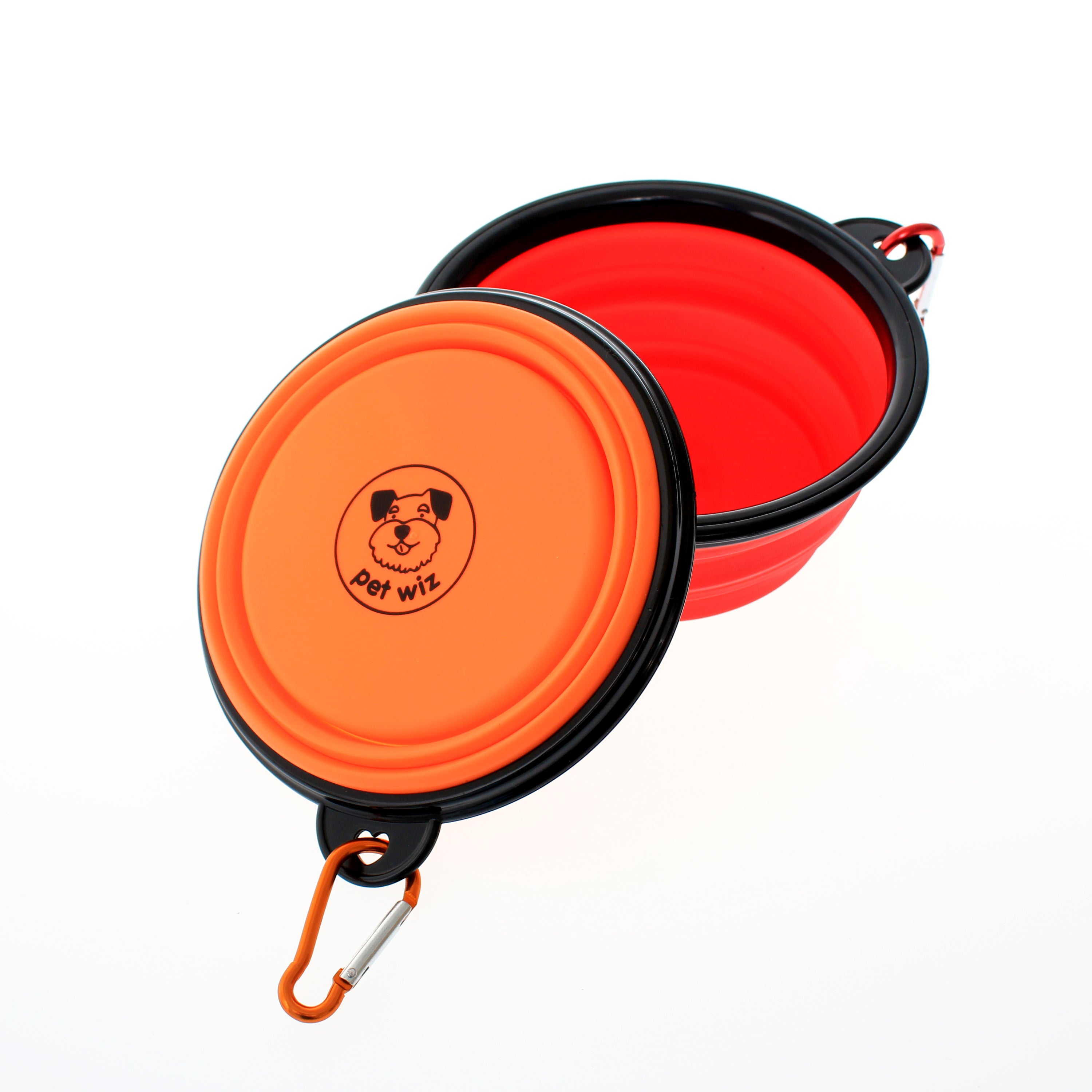 Collapsible Silicone Bowl for Dogs in vibrant colors, lightweight and portable with a carabiner attached.