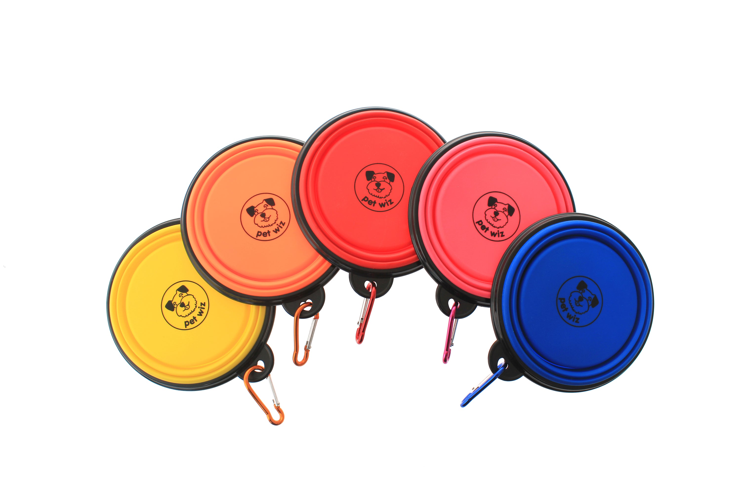 Collapsible Silicone Bowl for Dogs in vibrant colors, lightweight and portable with a carabiner attached.