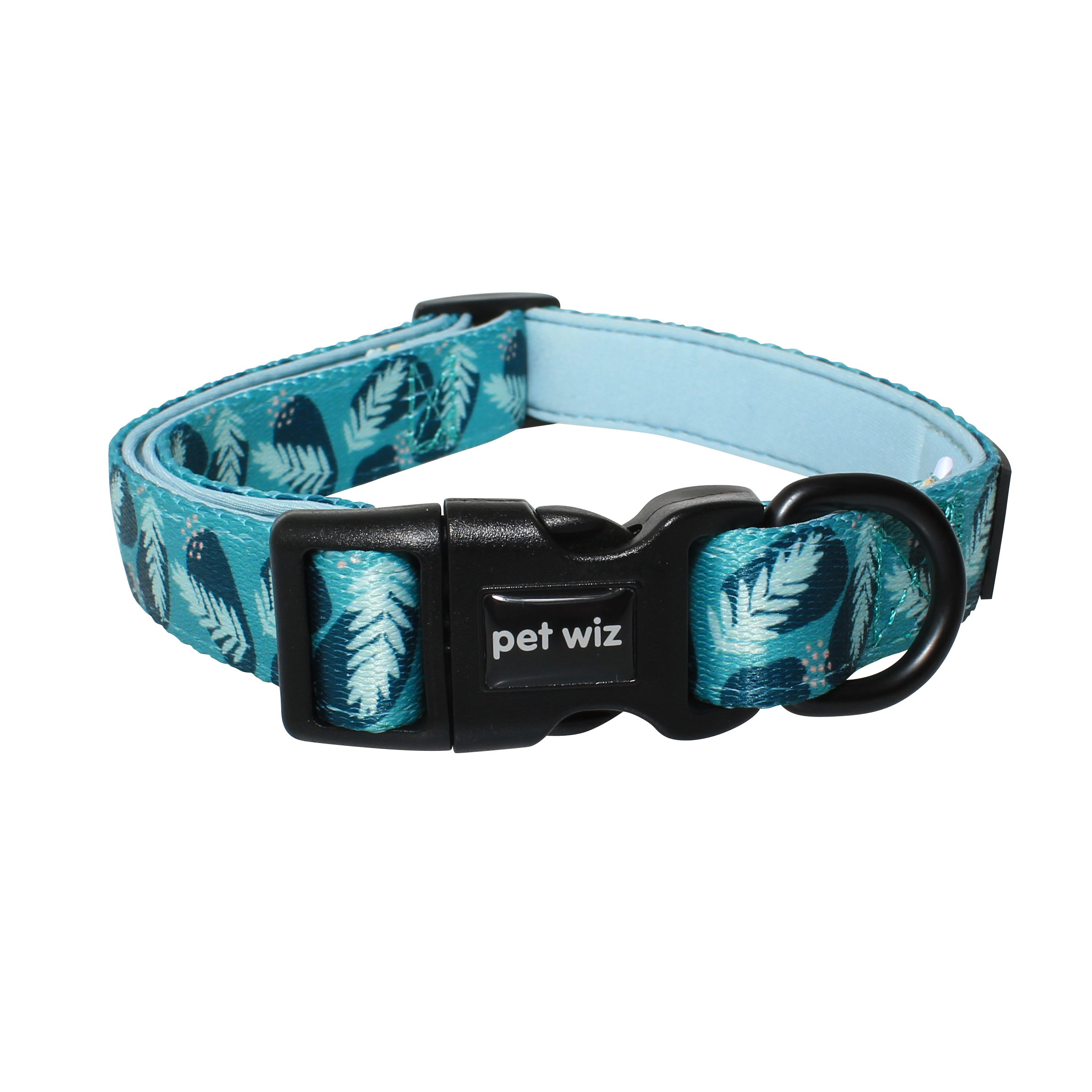 Stylish jungle-themed dog collar in three vibrant patterns, featuring adjustable strap and neoprene padding for comfort.