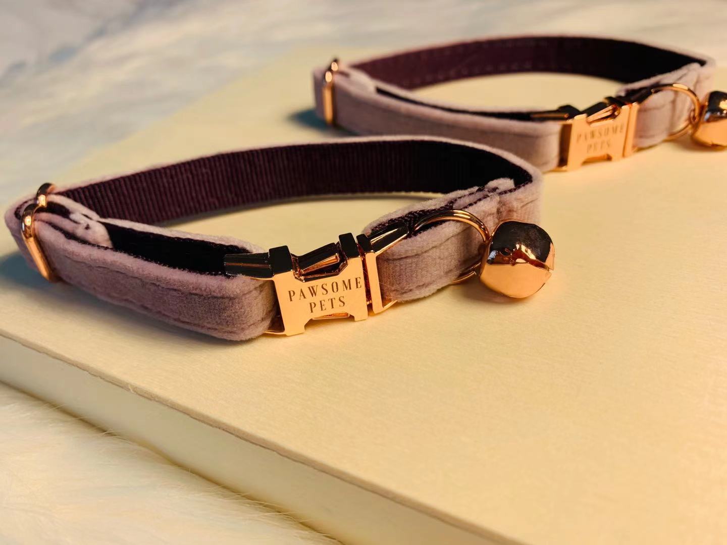 Stylish violet pet collar with rose gold hardware and adjustable fit, designed for comfort and durability.