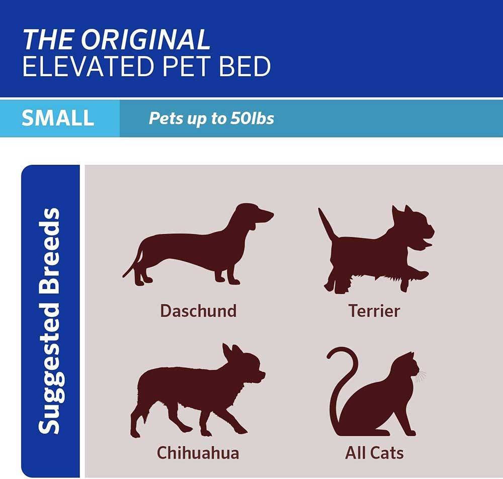 Coolaroo Elevated Pet Bed in various colors, showcasing its elevated design and breathable fabric for pet comfort.