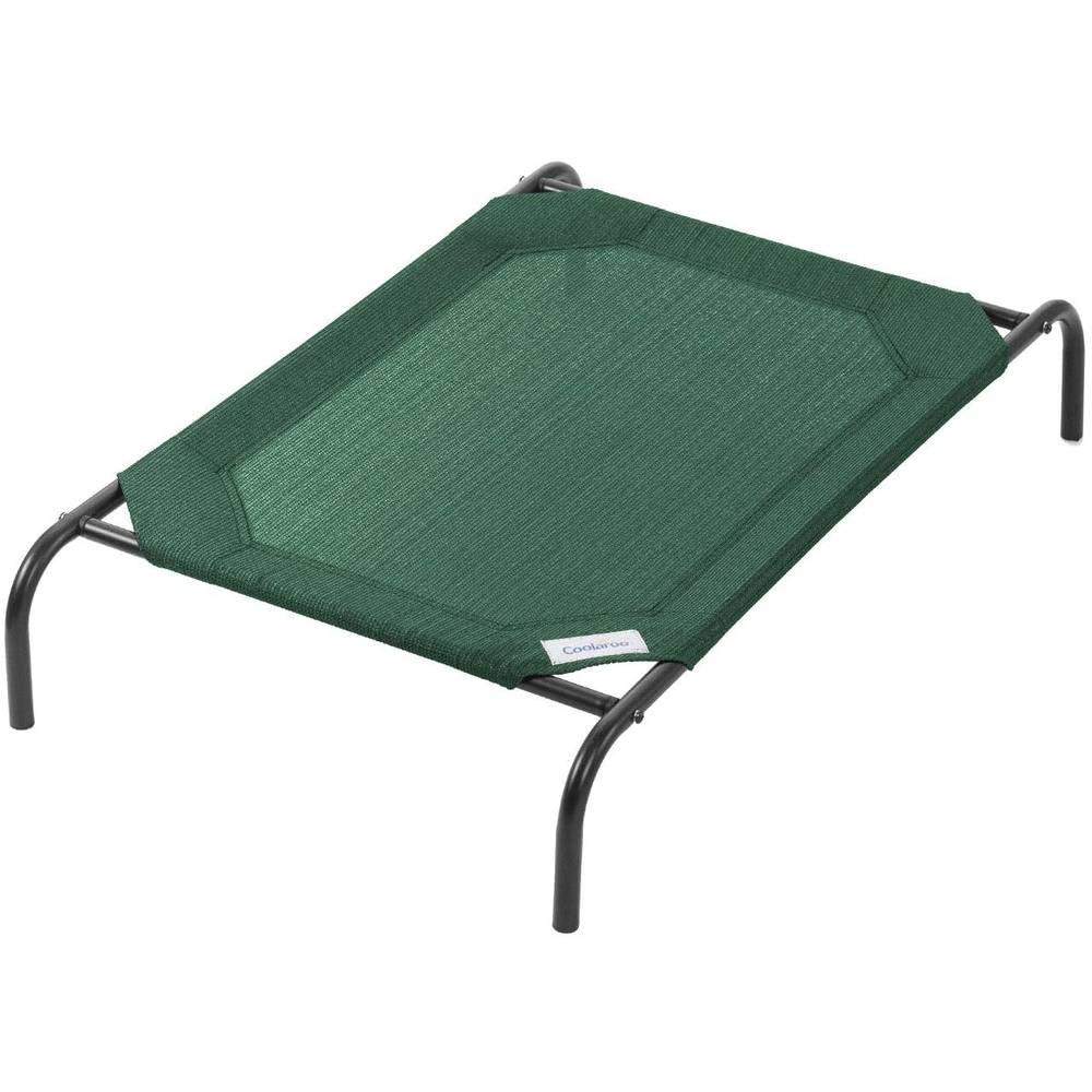 Coolaroo Elevated Pet Bed in various colors, showcasing its elevated design and breathable fabric for pet comfort.