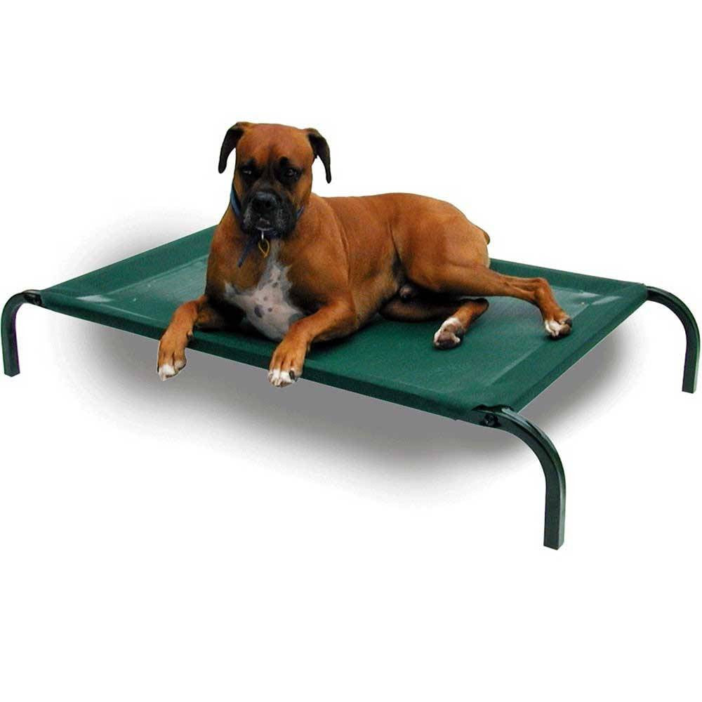 Coolaroo Elevated Pet Bed in various colors, showcasing its elevated design and breathable fabric for pet comfort.