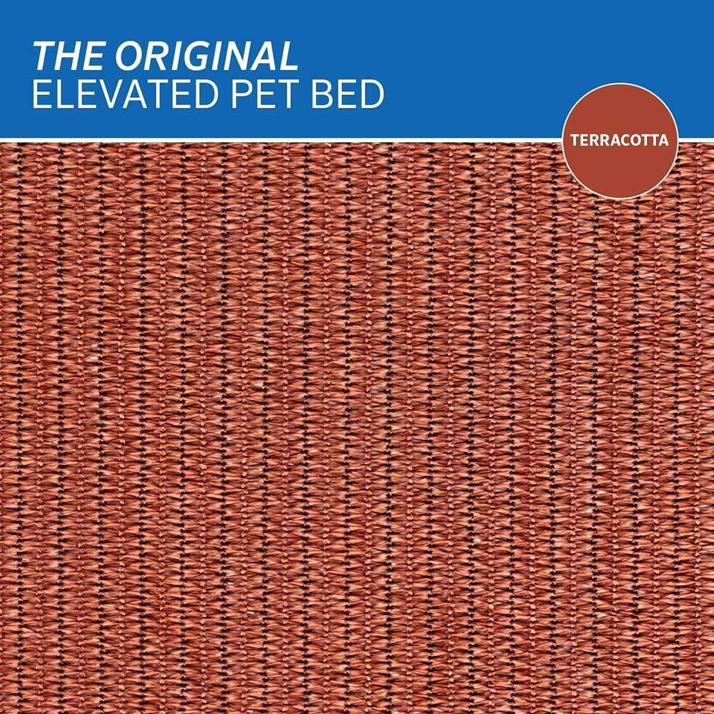 Coolaroo Elevated Pet Bed in various colors, showcasing its elevated design and breathable fabric for pet comfort.