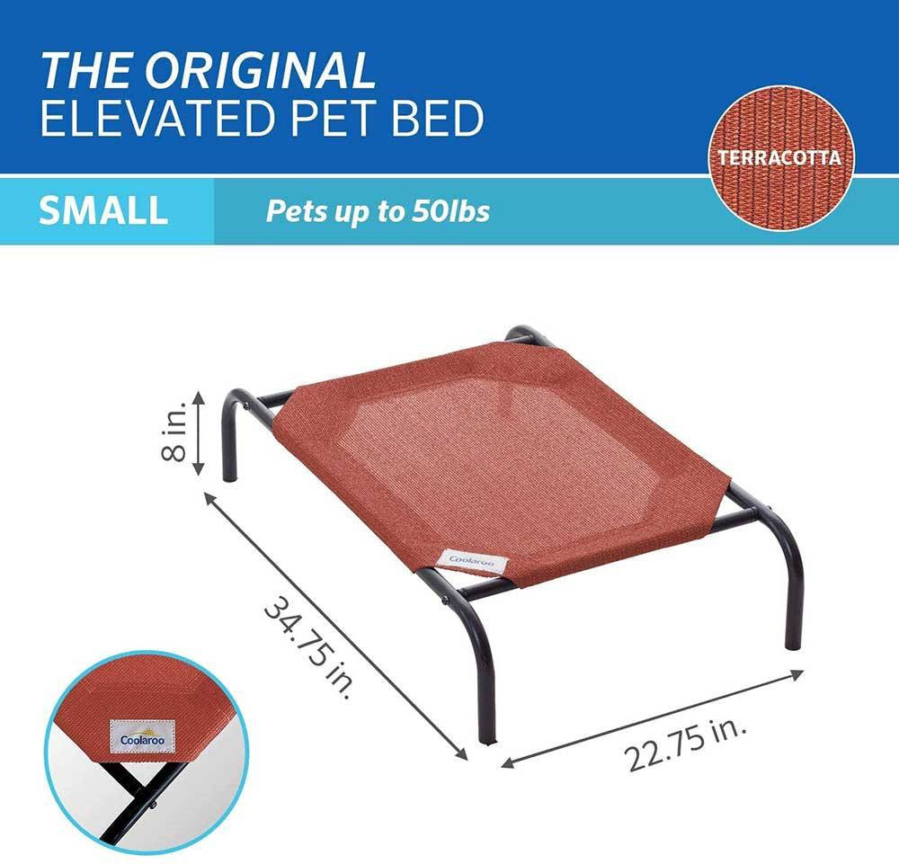 Coolaroo Elevated Pet Bed in various colors, showcasing its elevated design and breathable fabric for pet comfort.