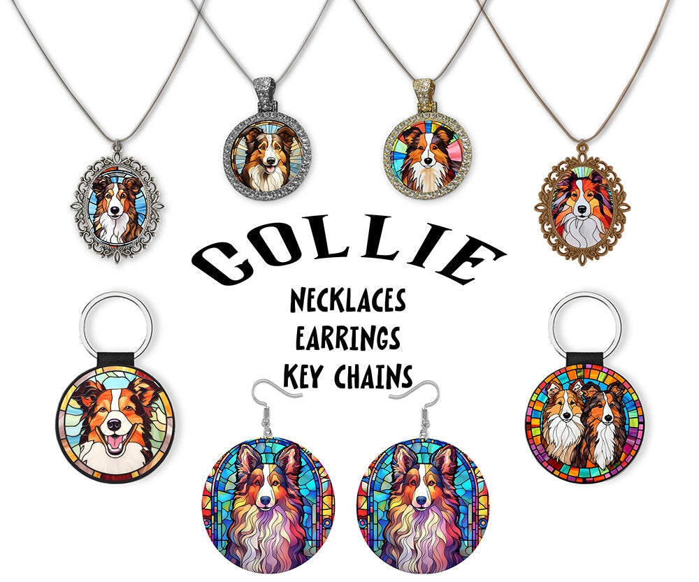 Collie Jewelry featuring stained glass style necklaces and earrings, showcasing vibrant colors and intricate designs.