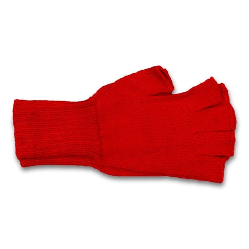 Colorful 100% alpaca fingerless knit gloves displayed on a wooden surface, showcasing vibrant colors and soft texture.