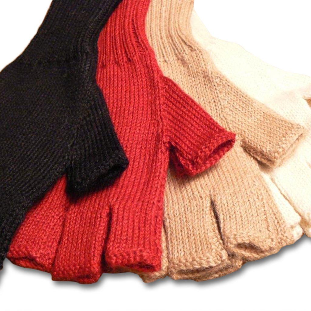 Colorful 100% alpaca fingerless knit gloves displayed on a wooden surface, showcasing vibrant colors and soft texture.