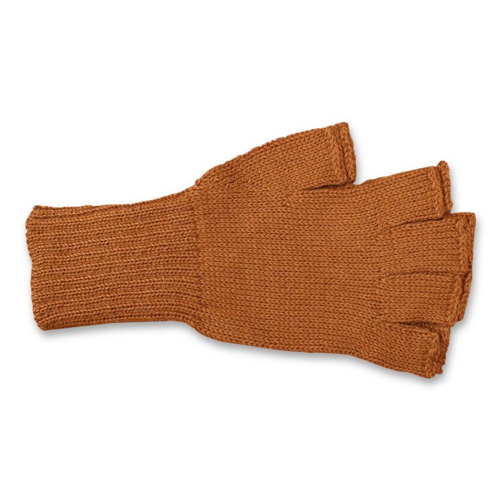 Colorful 100% alpaca fingerless knit gloves displayed on a wooden surface, showcasing vibrant colors and soft texture.