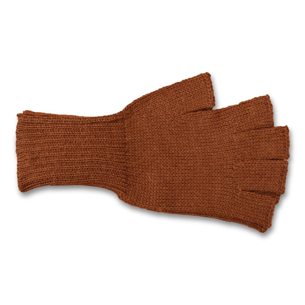Colorful 100% alpaca fingerless knit gloves displayed on a wooden surface, showcasing vibrant colors and soft texture.