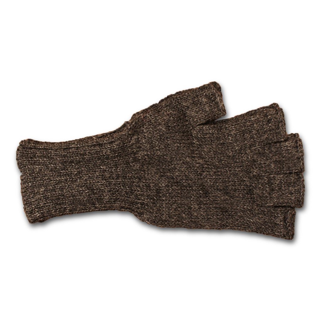 Colorful 100% alpaca fingerless knit gloves displayed on a wooden surface, showcasing vibrant colors and soft texture.