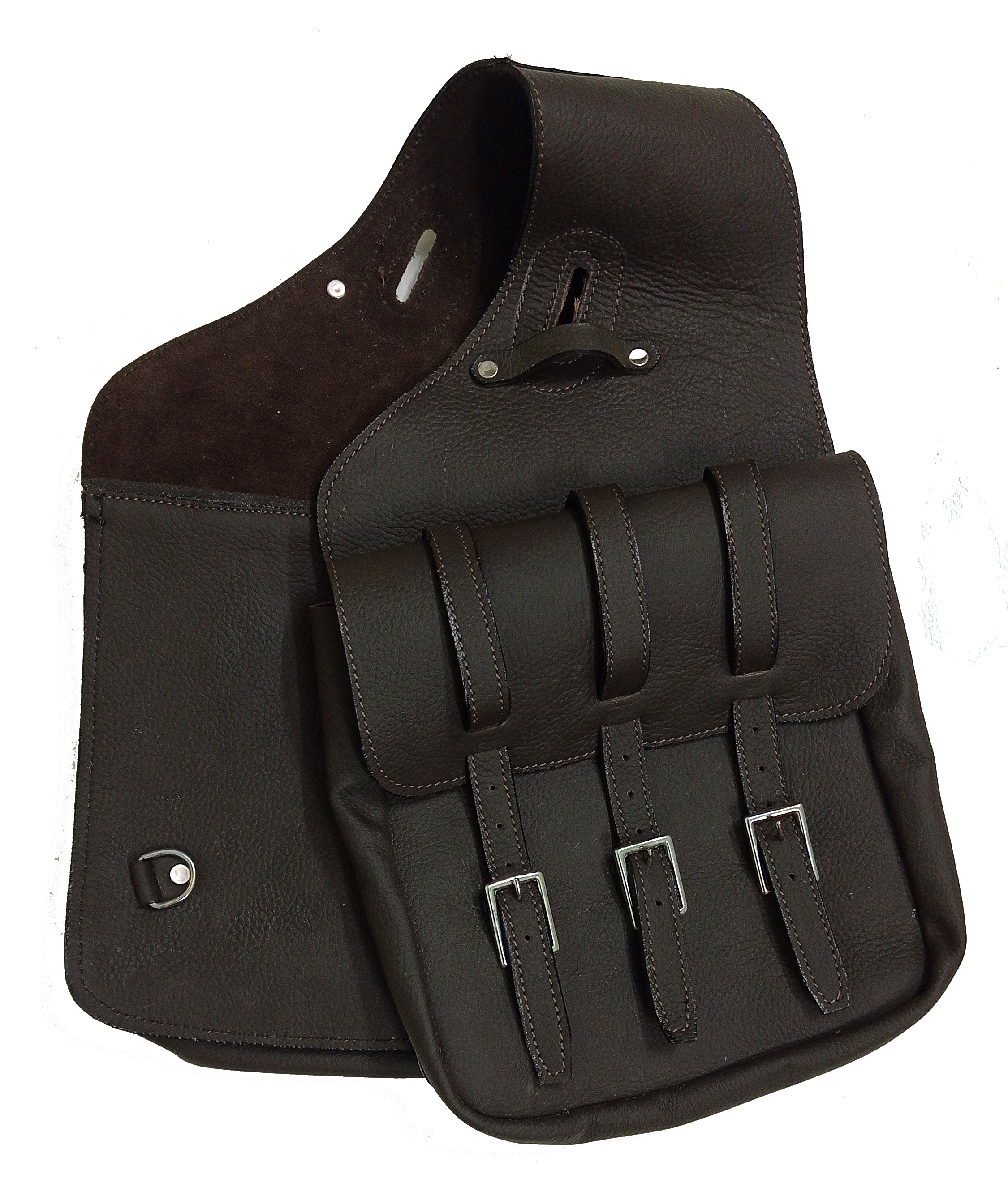 Cow Hide Genuine Leather Western Trail Horse Saddle Bag featuring premium leather, brass buckles, and floral tooling design.