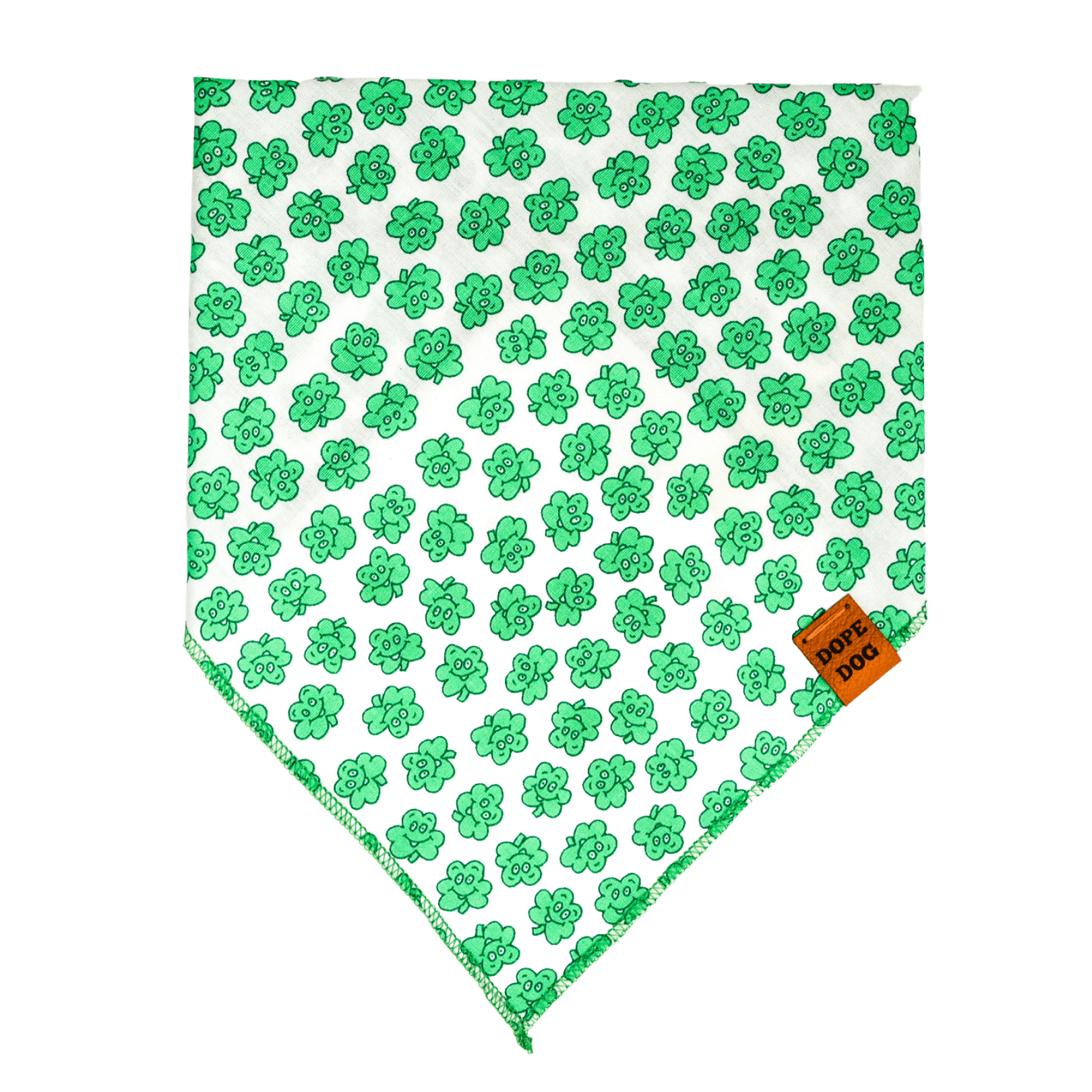 A vibrant Crazy Clovers dog bandana featuring shamrock patterns, made from lightweight cotton fabric, perfect for St. Patrick's Day celebrations.