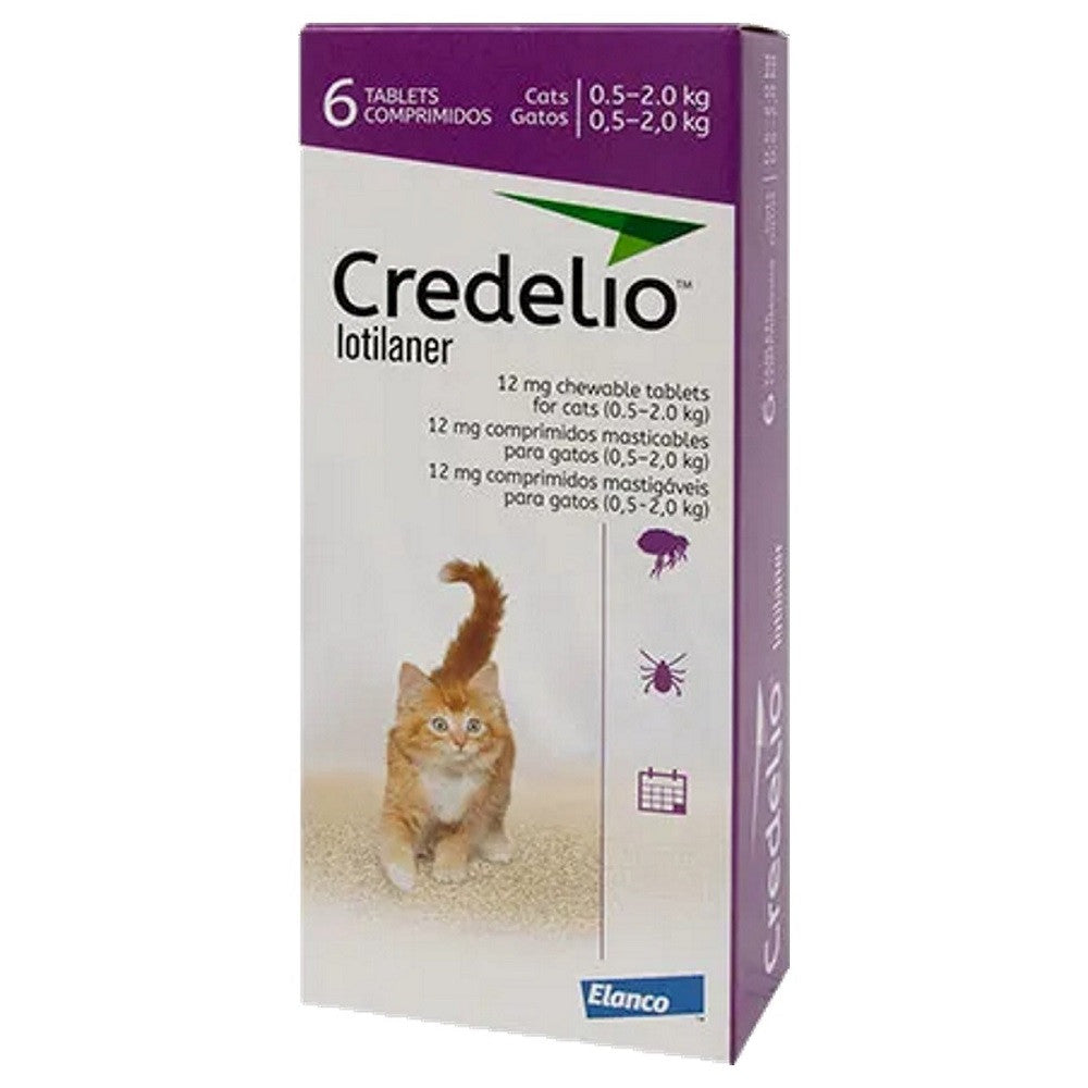 Credelio 12mg Chewable Flea and Tick Tablets for Cats, packaged in a 6 pack, designed for cats weighing 0.5 - 2kg.