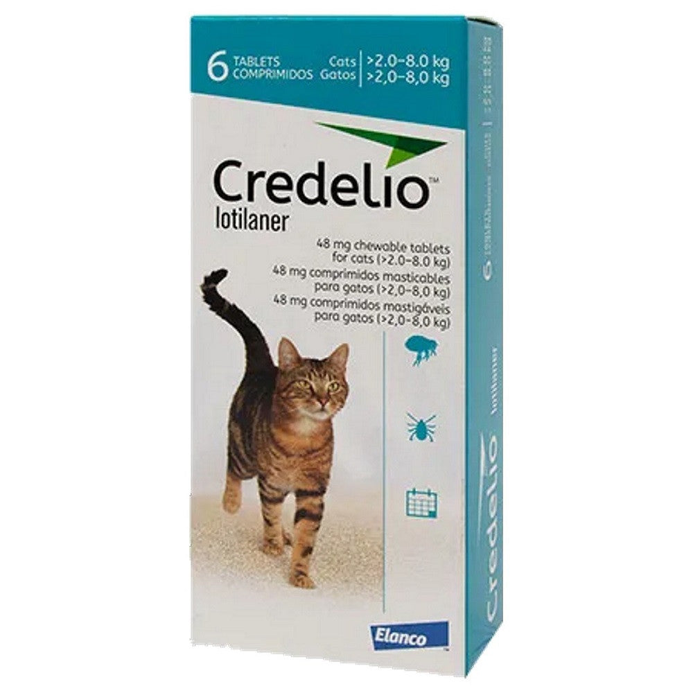 Credelio 48mg Chewable Flea and Tick Tablets for Cats, packaged in a 6 pack, featuring small flavored tablets designed for easy administration.
